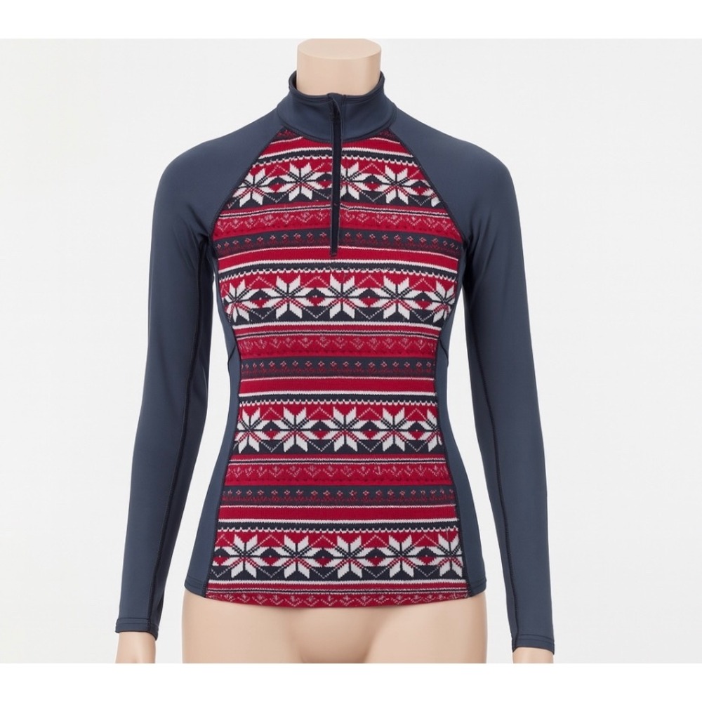 L.L. Bean 1/4 Zip Pullover Top Womens S Fair Isle Red‎ Gray Cottagecore Gorpcore